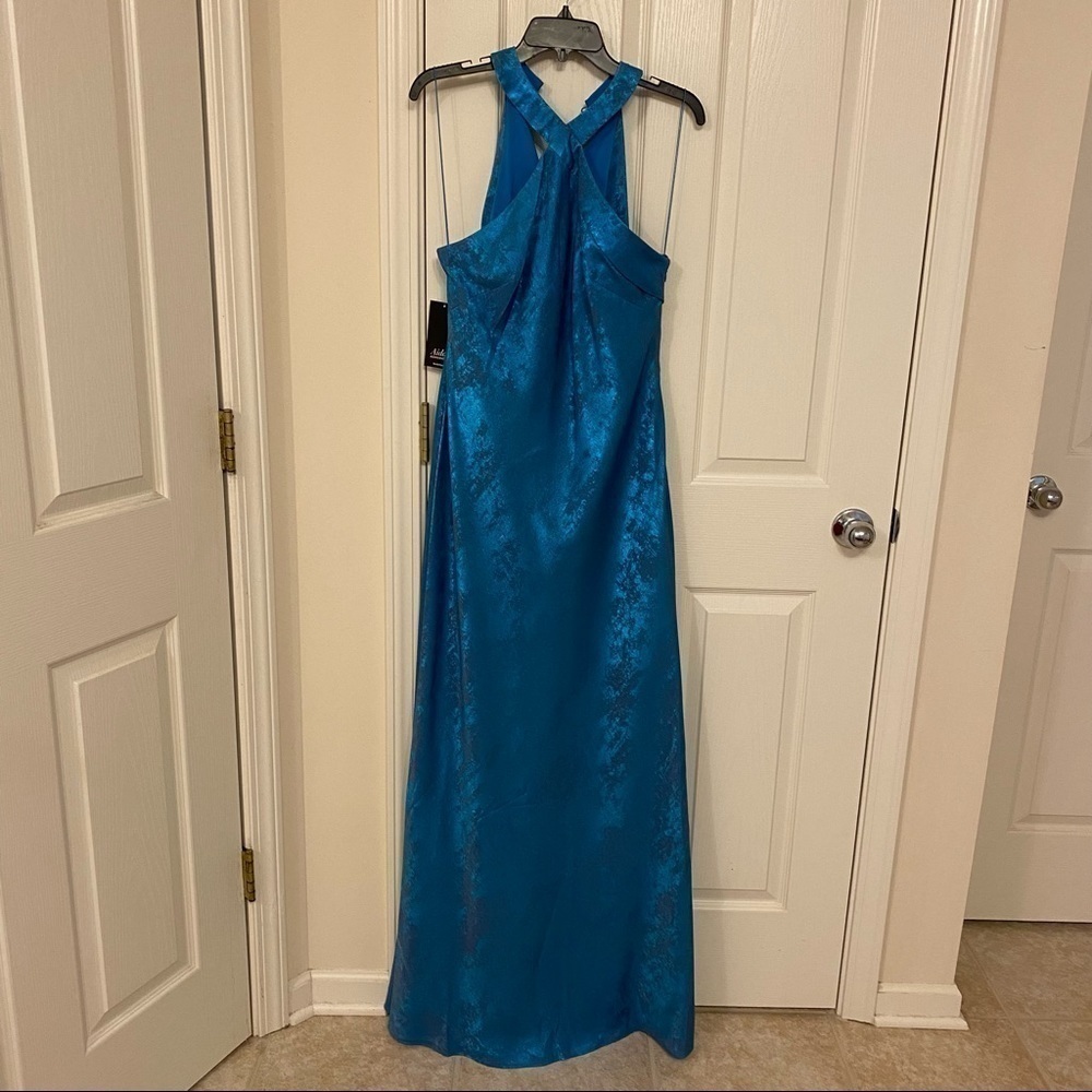 Aidan by Aidan Mattox Halter Sleeveless Foiled Mermaid Gown in Ocean Dream - Picture 5 of 11
